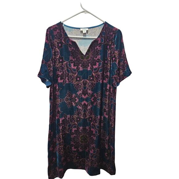Sundance Nomi Printed Velvet Shift Dress V-Neck Short Sleeve Rayon Silk Size M - Picture 1 of 6